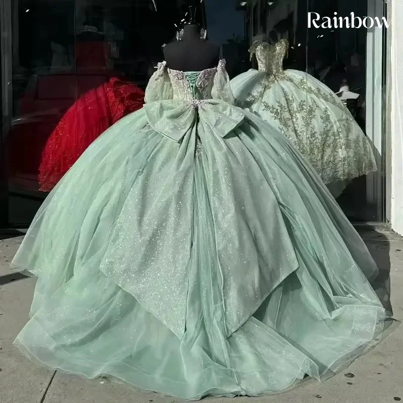 فستان Quinceeneara رشيق من الأورجانزا مع تطريز ترتر ثوب حفلة بأكمام طويلة ورقبة على شكل حرف v مخصص للحفلات الراقصة فيستدو دي نوش