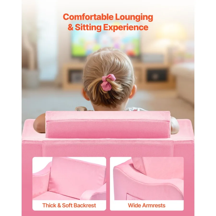 2-in-1 소파 접이식 유아용 소프트 카우치, 팔걸이 포함, 28D 스펀지 및 짧은 털로 제작, 유아용 의자에서 라운저로 변형 가능