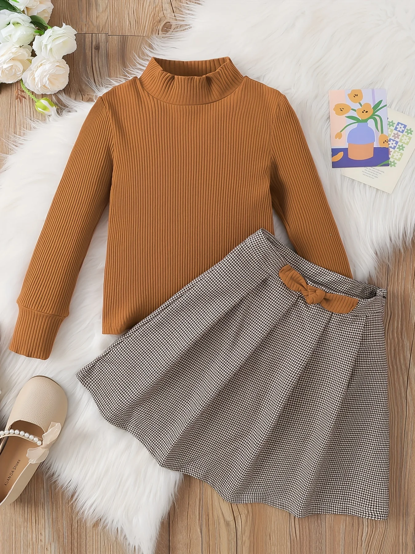 8-12yrs old All match Turtleneck sweater Houndstooth Checkered Bowknot Skirt Clothing Sets for Girls