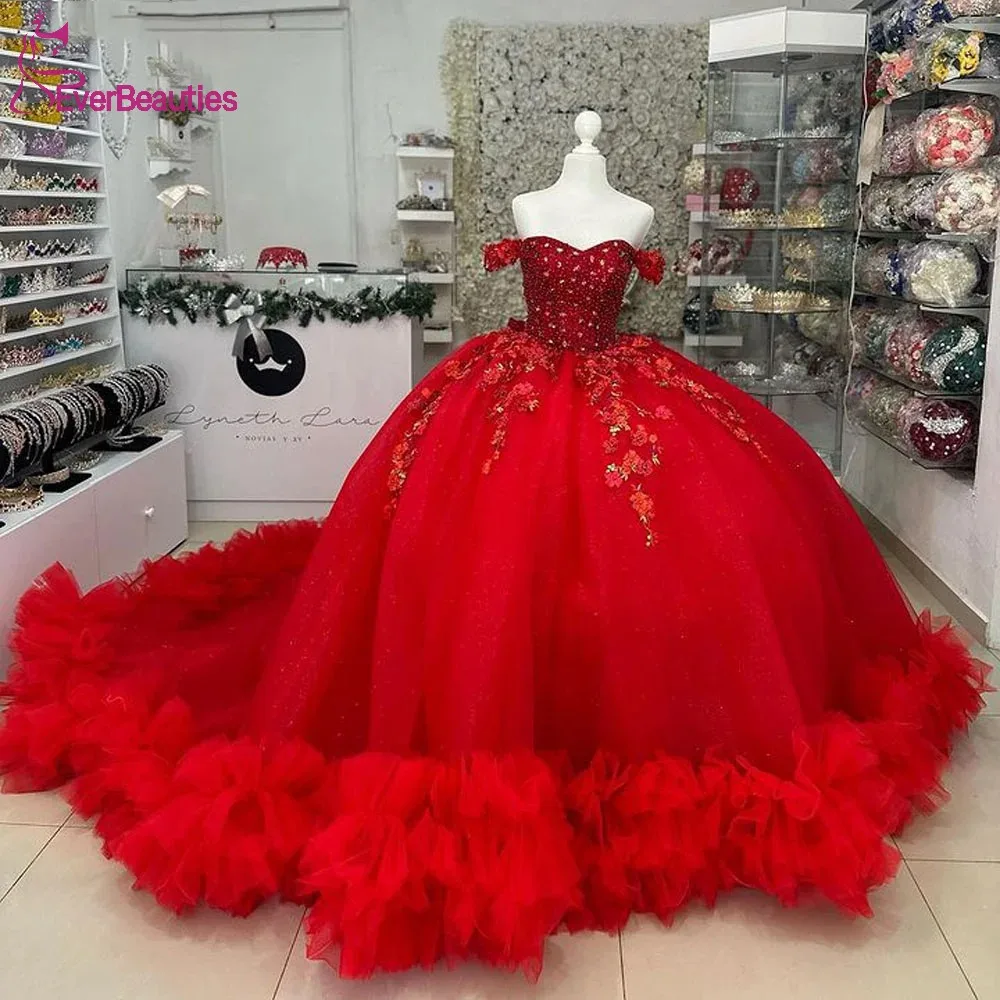 

Off Shoulder Ball Gown Quinceanera Dresses Sweet 15 16 Dress for Juniors Luxury Tulle Beaded Vestidos De 15 Quinceañera