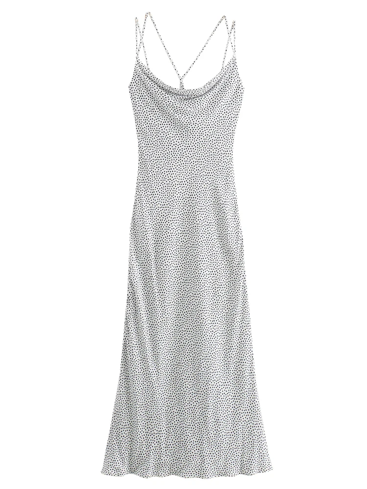

KAOPU ZA Women polka dot print fited midi dress vintage v-neck sleeveless thin straps female dresses vestidos mujer