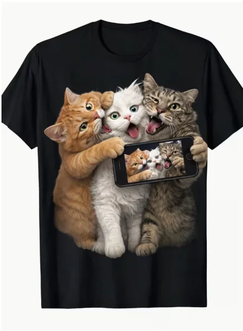 Sommer-T-Shirt mit niedlichem Katzen-Umarmungsmuster für Herren und Damen, lustiges schwarzes T-Shirt mit Katzenmuster und lässigem Rundhalsausschnitt – Detail 2