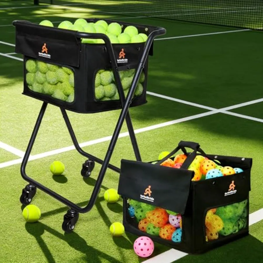 

Tennis Pickleball Cart - 140 Ball Capacity Hopper with Quick-Detach Bag, 4 Smooth Swivel Wheels Foldable Frame for Easy Court T