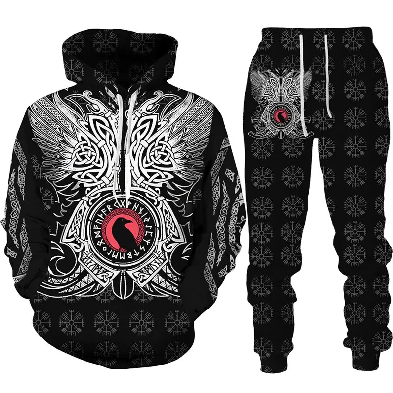 Otoño Invierno 3D impreso guerrero vikingo hombres chándal moda Sudadera con capucha 2 uds conjunto niños Casual hombres mujeres deportes callejeros trajes para correr