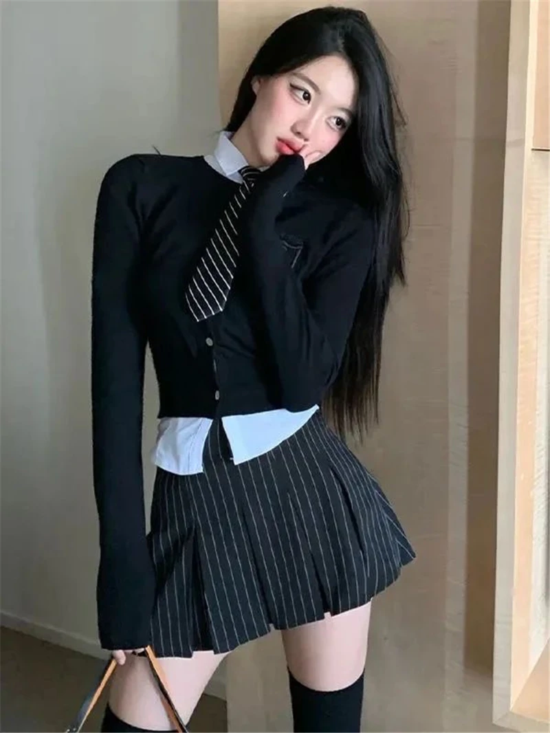 Korean American Hot Girl JK Uniform Sets Daily Black Suits 4-piece Set Tie High Waisted Pleated Skirts Women Knitted Cardigan