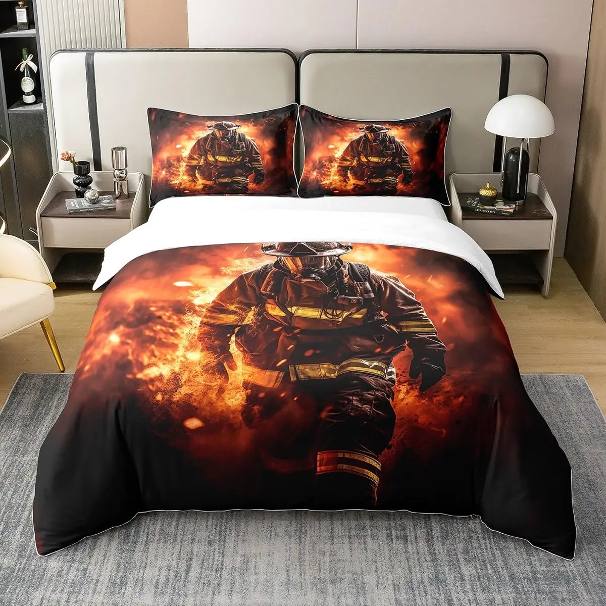Duvet Cover Set for Want To Be Firefighters Kids Queen Size Lightweight Down Room Decor 2 Pillowcases 1 Duvet Cover No Comforter