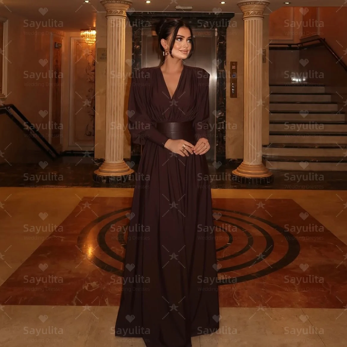

Sayulita Prom Dresses 2025 V Neck Long Sleeves Evening Gowns with Sash Ruched Wedding Party Saudi Women Wear Dress Customized