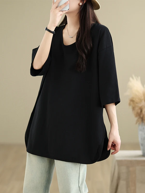 Semplice colore puro V-Ne cinque quarti Sve Midi T-irt da donna Allentato plus Size Asimmetrico Pendolarismo Sle Estate Nuovo arrivo