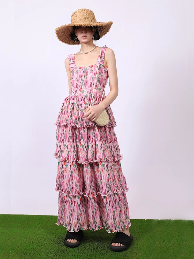 2024 Sommerferien Swing Vestidos elegantes Maxi kleid böhmischen 4-lagigen Rüschen rand rosa Blumen gedruckt Festivals Outfits Frauen