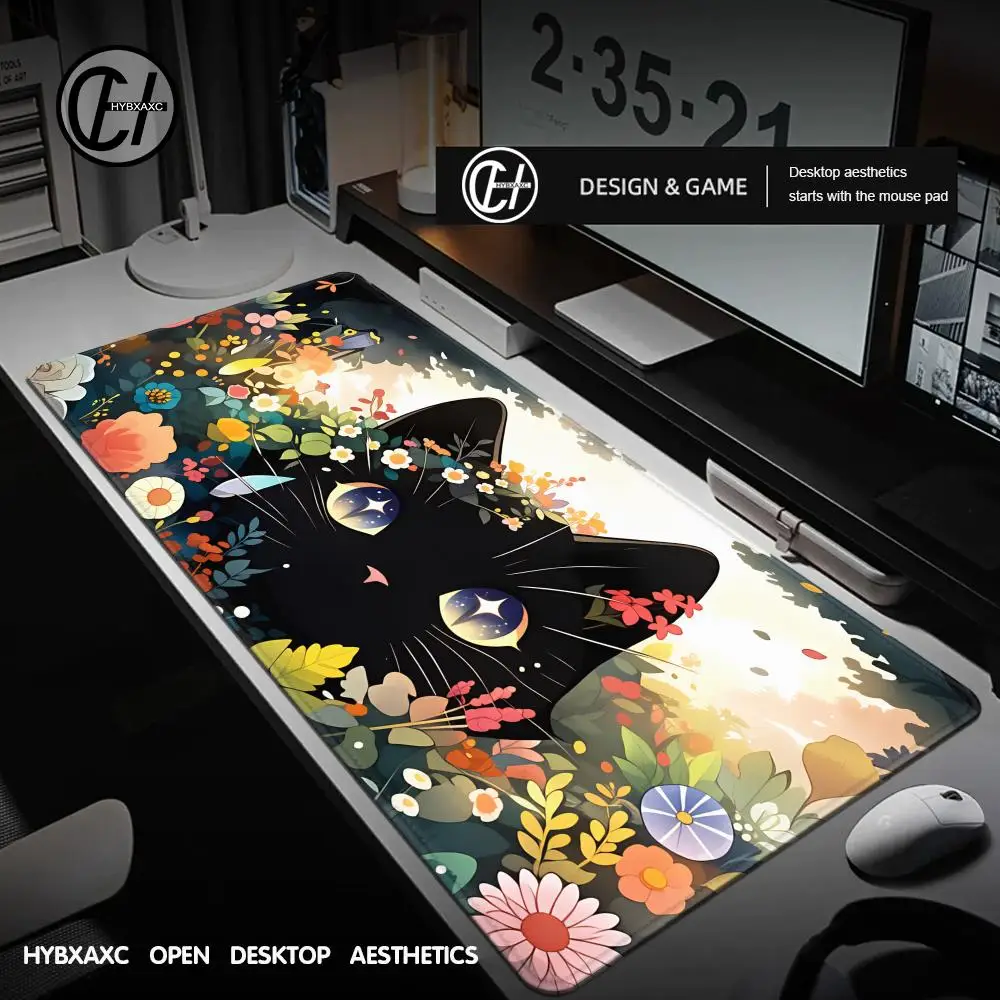 

Clouds Black Cat Mouse Pad PC Green Plants Flower Gaming Keyboard Rug Laptop Kawaii Anime Gamer Cabint Mousepad XL Cute Desk Mat