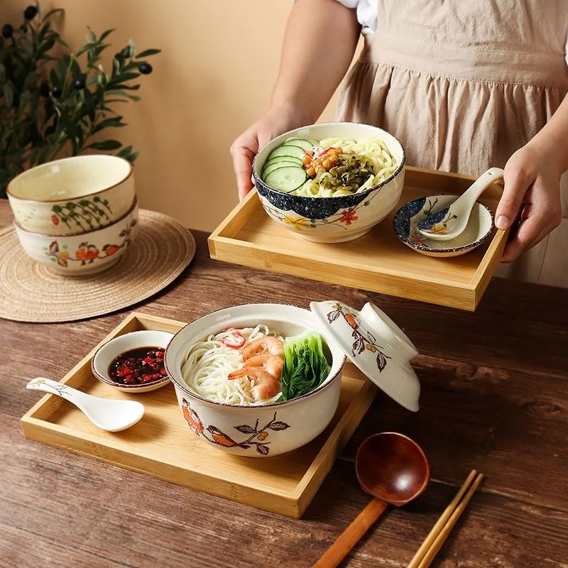 Japanese Instant Ramen Bowl with Lid, Retro Ceramic, Large Capacity, Noodle Salad Soup Bowls, Household Kitchen Tableware Suppli