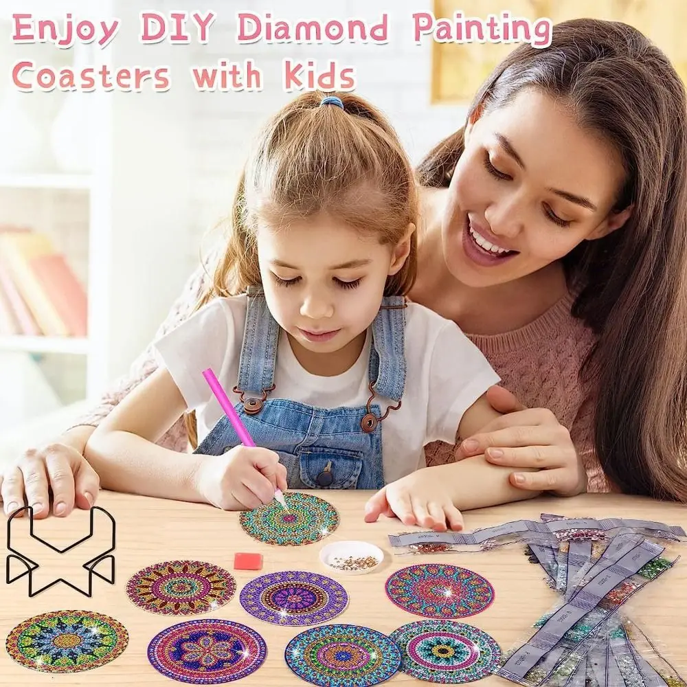 Mandala Diamond Painting Coasters Kit Shining Anti Slip Acrylic Diamond Paintings Durable with Holder Kitchen Dish Mat Adults