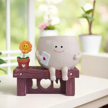 獨特的長椅造型多肉植物盆栽,笑臉造型樹脂花盆,可愛頭部造型,適合室內外植物。 12 最佳銷售 可愛的小盆 - №3