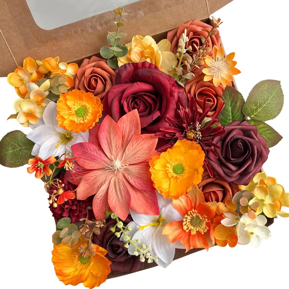 

Yannew Fall Burnt Orange Artificial Flowers Combo Box with Stem Fake Rose Dahlia Set for Autumn Wedding Party Centerpieces Decor