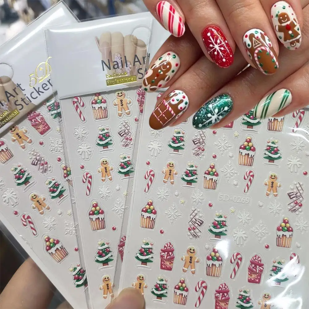 1pc Christmas 5D Gingerbread Man Cake Snowflakes Nail Art Sticker Pine Gift Self-Adhesive Slider Winter Xmas DIY Manicure Decals