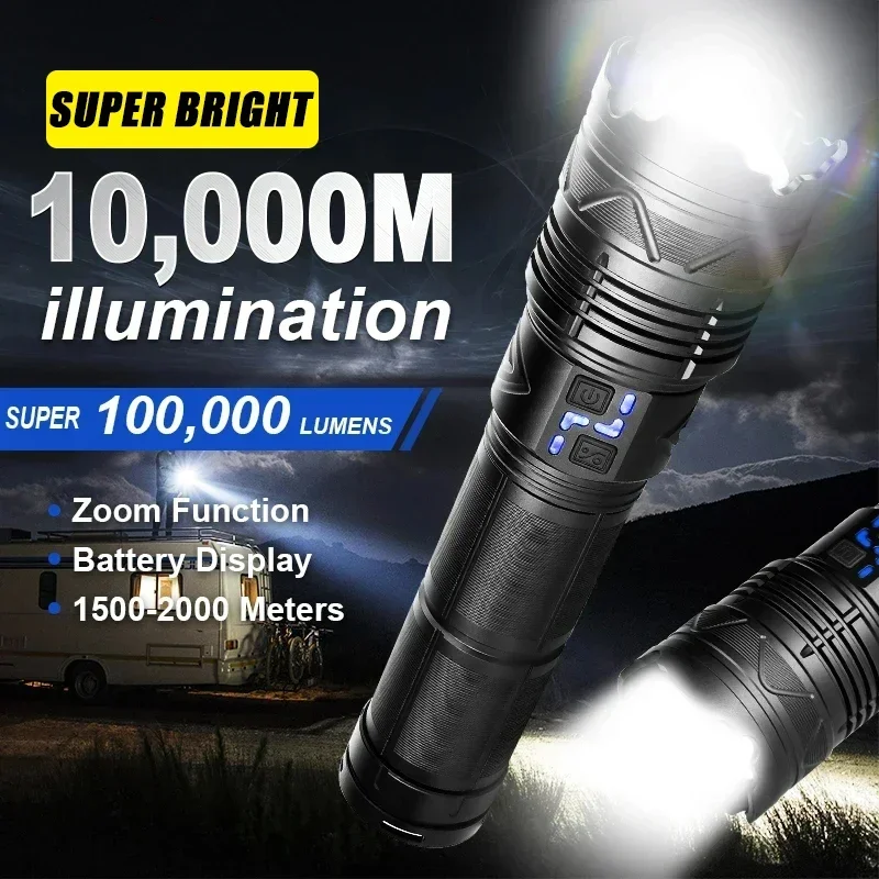 

10000LM 100W GT60 Led Flashlights Most Powerful Tactical Zoom Torch Long Range 1500M Lantern Emergency Spotlights Holiday Gifts