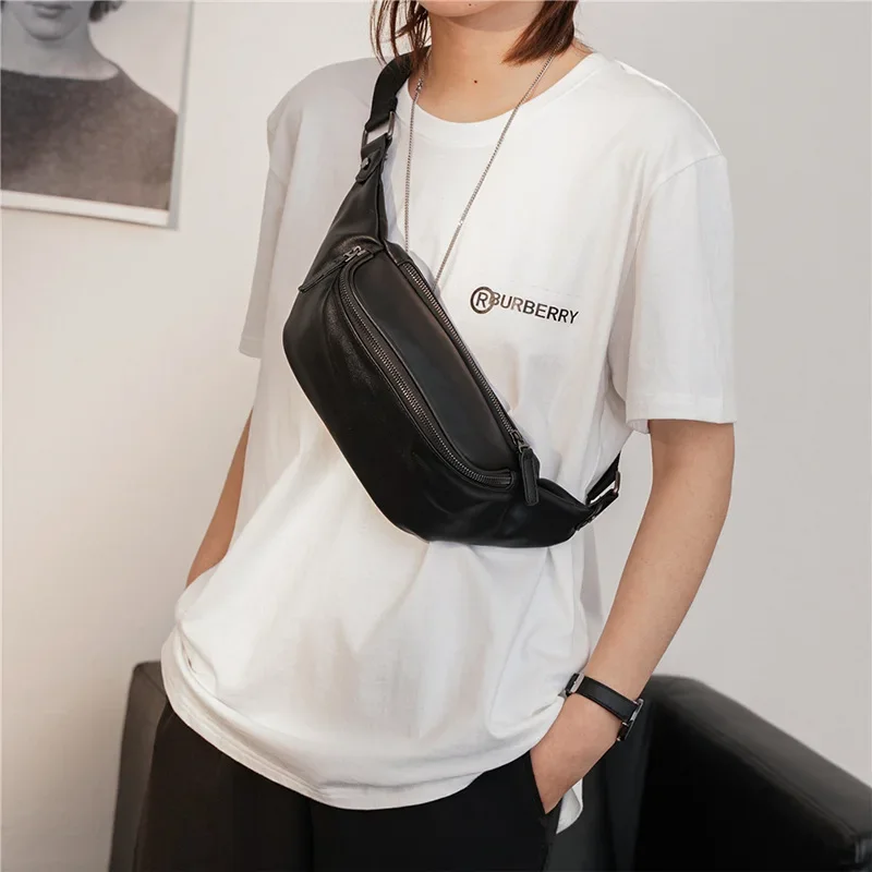 Fashion Men’s Chest Bag PU Leather Crossbody Bags Male Chest Packs Small Sports Bags Soft Leather Wait Bag for Men