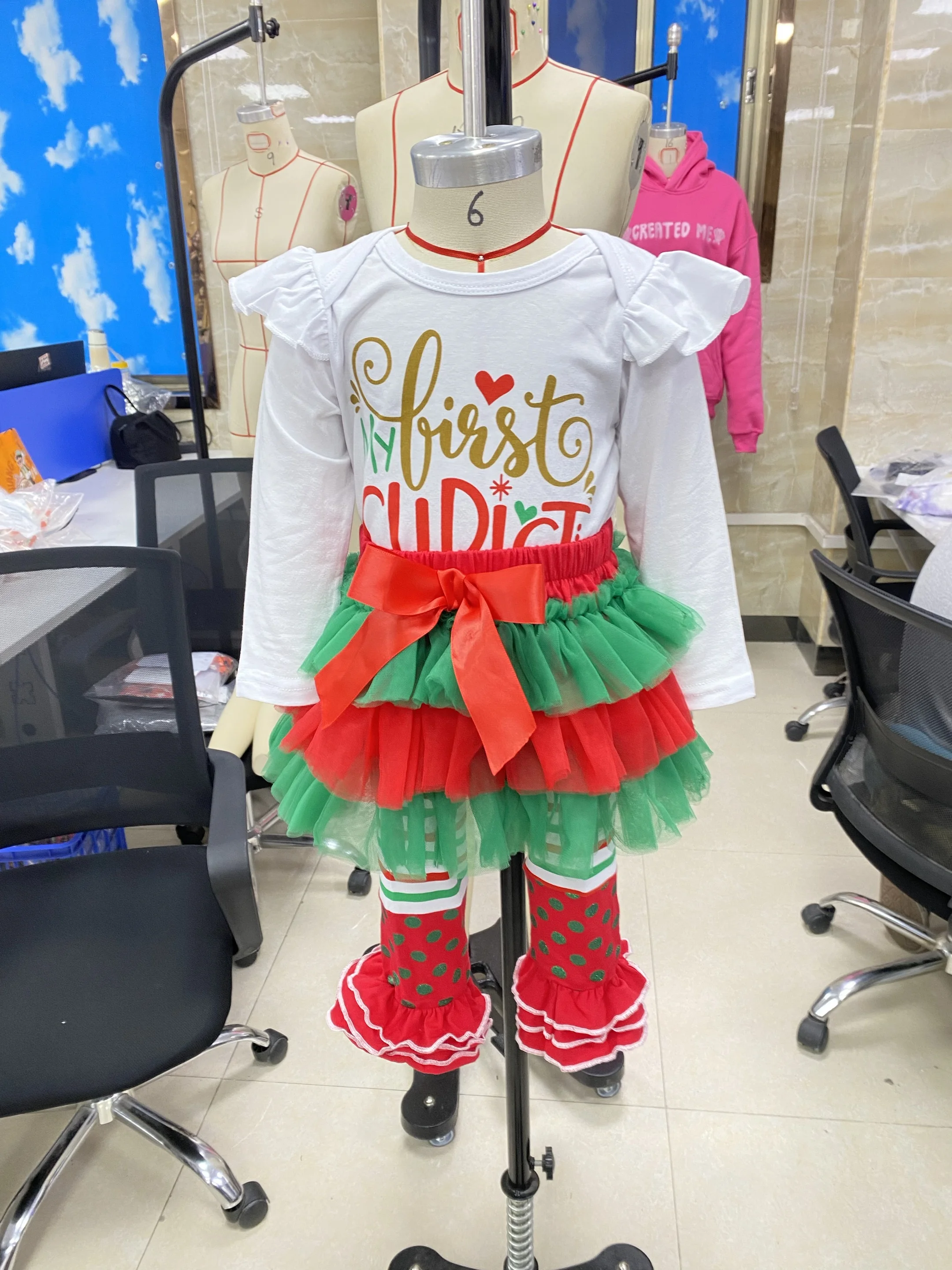 طفل الفتيات عيد الميلاد الزي طويلة الأكمام رومبير + الطبقات تنورة السراويل + عقال + تدفئة الساق مجموعة ملابس الرضع