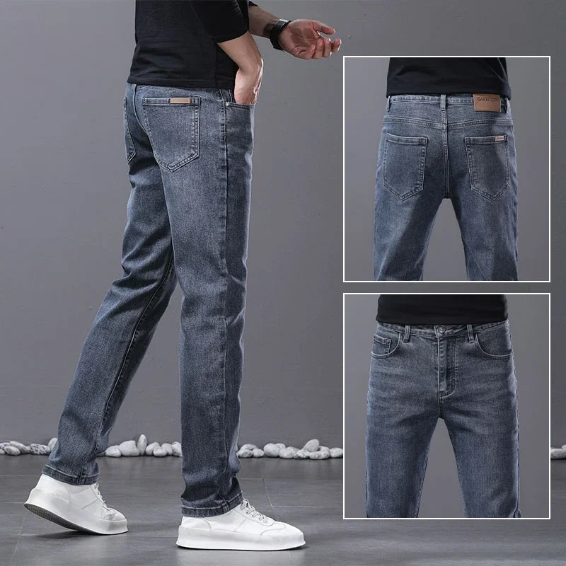 

Мужские джинсы Thiened с высокой талией, модные, ультрамягкие, повседневные брюки, прямые штанины, из смесового хлопка, теплые зимние брюки