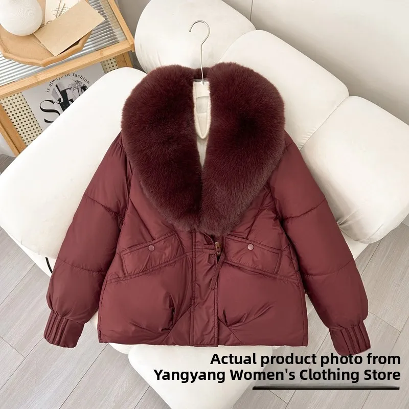 Autumn Winter Thiened Cotton Jaet Women's Coat with Fur Collar Button Closure Korean Sle Loose Fit Polyester Fabric