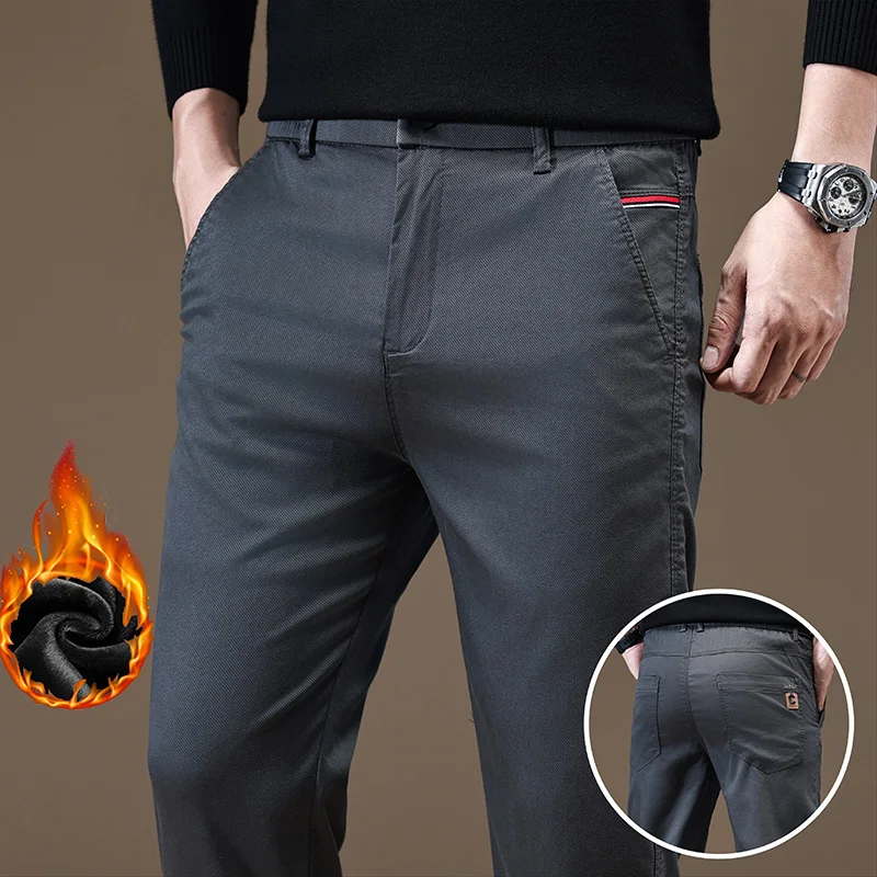 Men Fashion Snow Warm Plush Fleece Business Casual Trousers Autumn Winter Thermal Slim Fit Straight Leg Black Coffee Pants