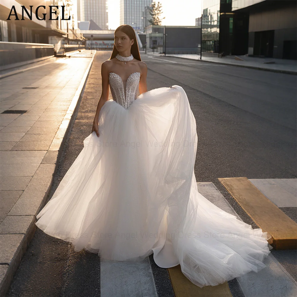 

Свадебное платье ANGEL 2026: Новинка, индивидуальный пошив, элегантное, с жемчугом, без бретелек, с иллюзией прозрачности, А-силуэт, со шлейфом, Vestidos de Novia