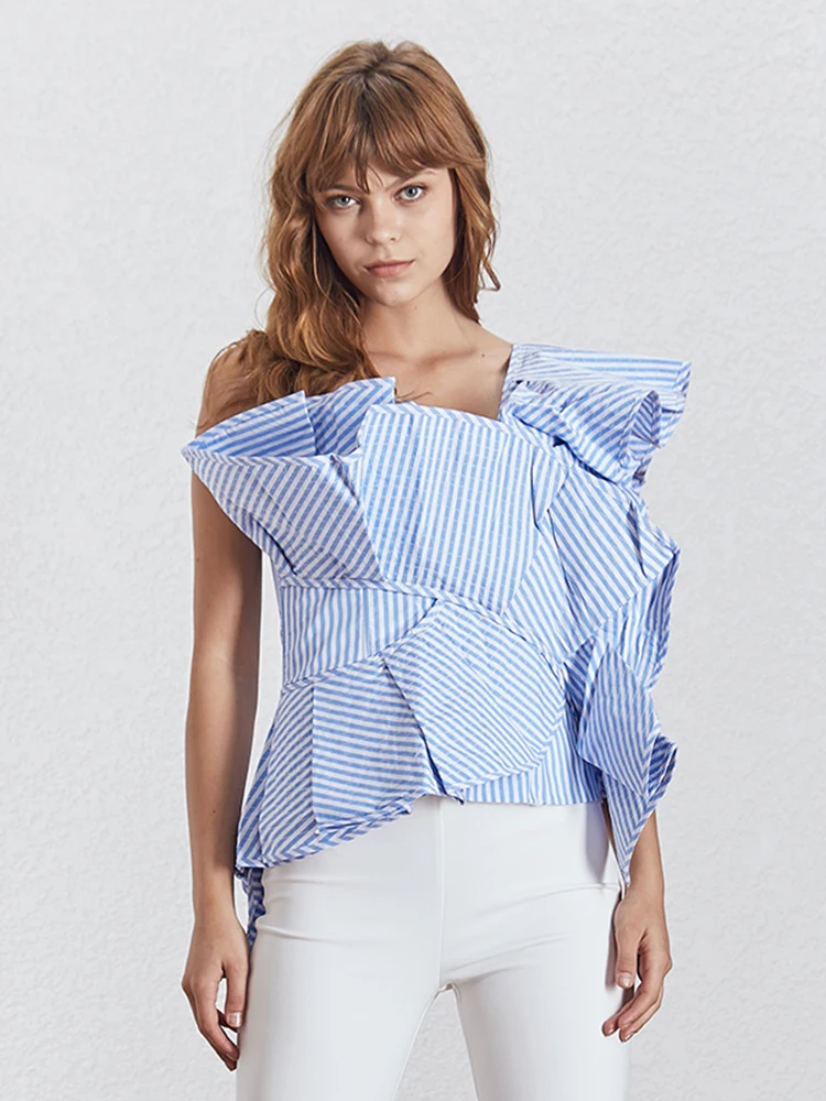 Patchwork Ruffles Shirts For Women Skew Collar Sleeveless Off Shoulder Irregular Hem Blouses Female 2024 Clothing Tide