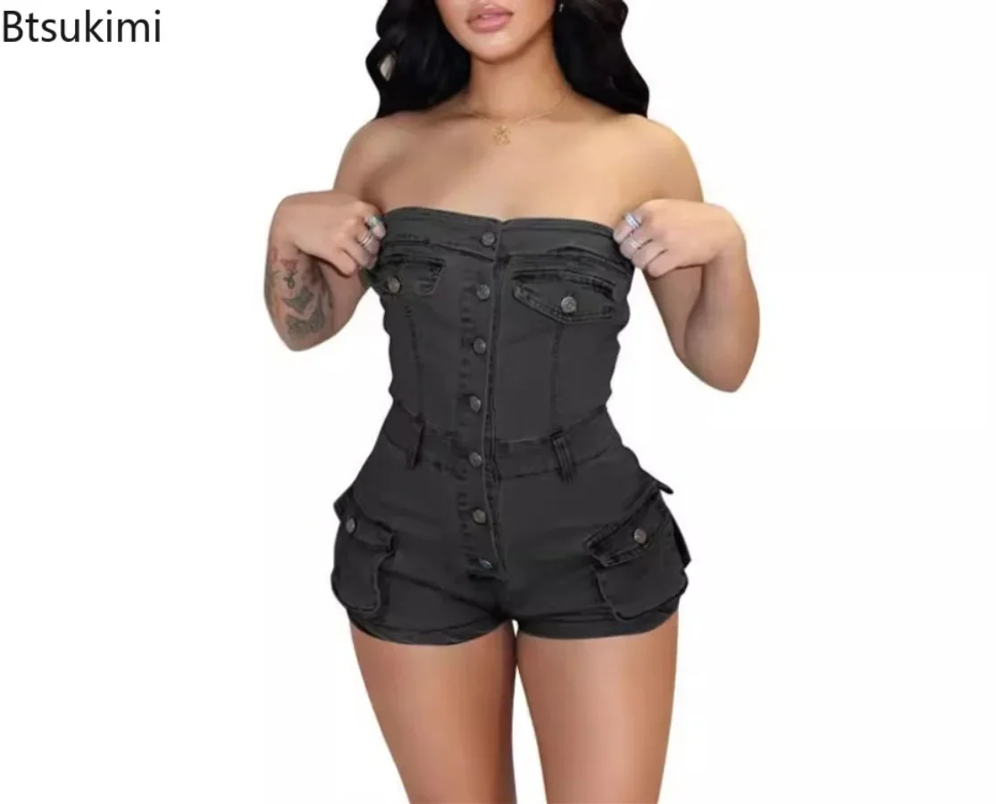 Summer Sexy Y2K Streetwear Women's Tube Strapless Denim Jumpsuit Single Breasted Multi Pocket Bodycon Rompers One Piece Overalls