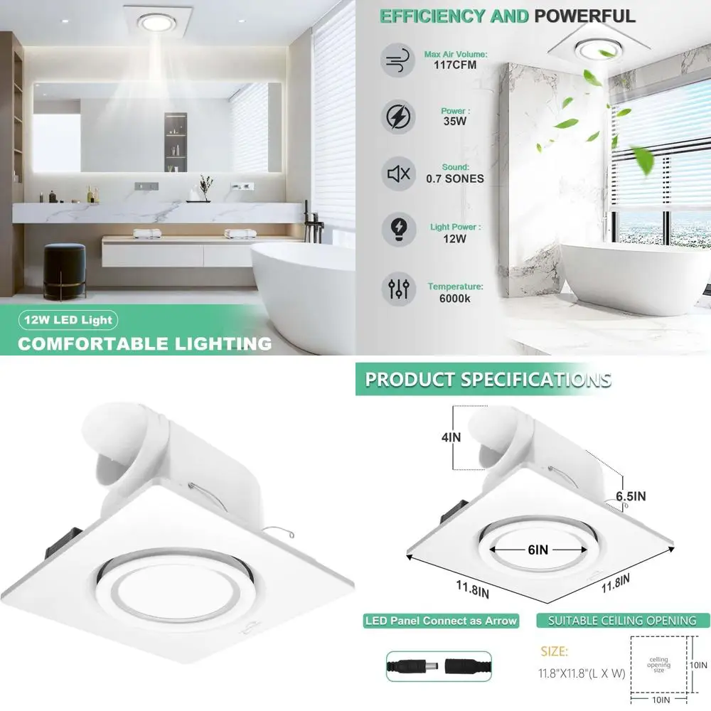 

Whisper-Quiet 12W 6000K LED Ceiling Mount Ventilation Fan with Light, 164cm, White, 110V