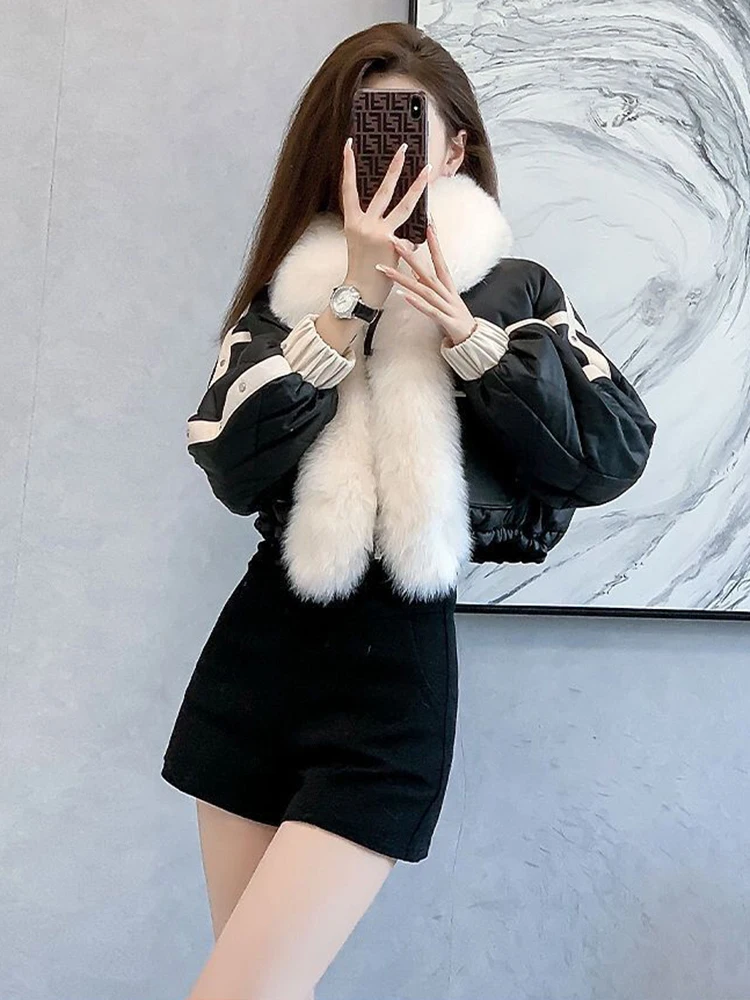 2024 Winter Warm PU Leather Coats Faux Fox Fur Jacket Big Fur Collar Short Jacket Fashion Black Cotton Padded Lady Down Jacket