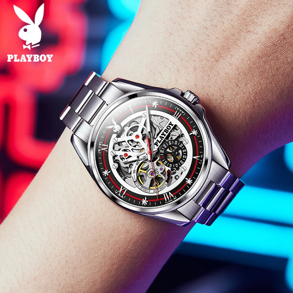 PLAYBOY Fashion Business Watch for Men Stainless Steel Automatic Mechanical Man Watch Original Luxury High Quality Men\'s Watches