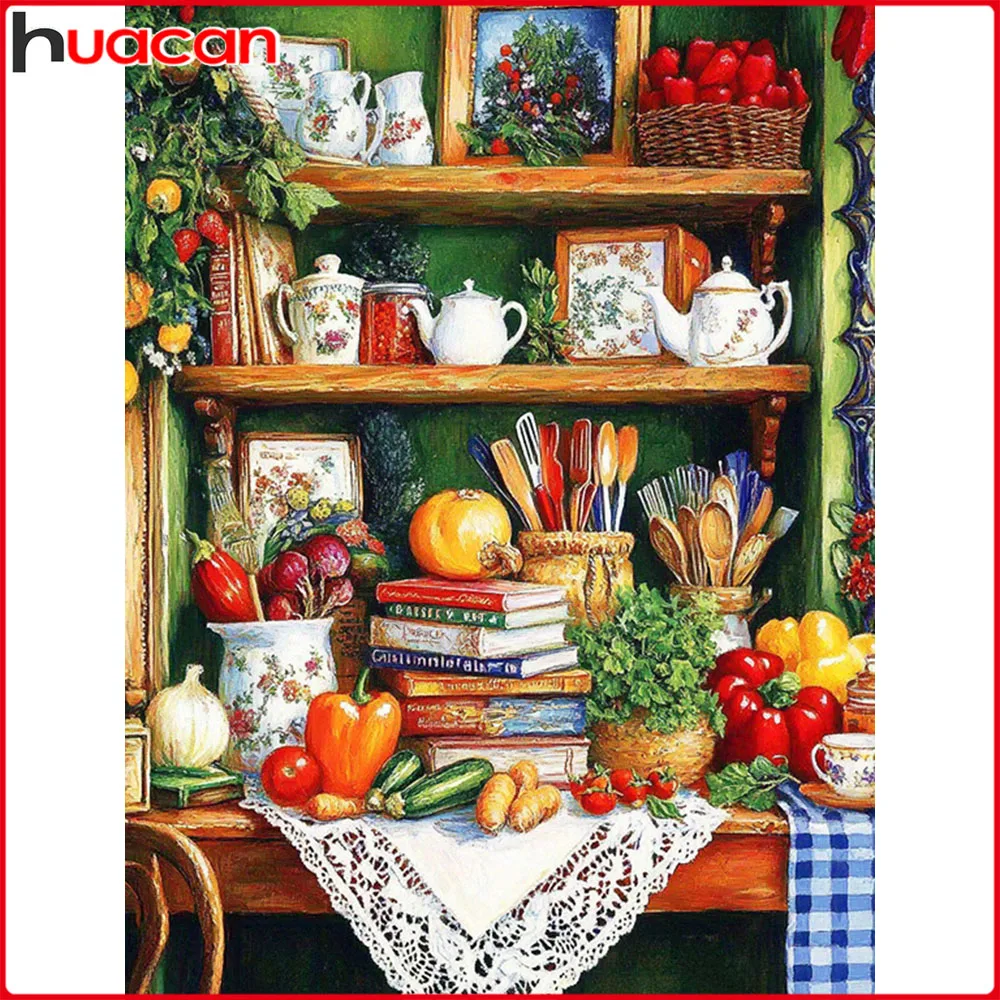 Huacan 5D DIY Diamantmalerei Schränke Lebensmittel Bücher Diamant-Mosaik Landschaft Komplettes Set Bild aus Strasssteinen