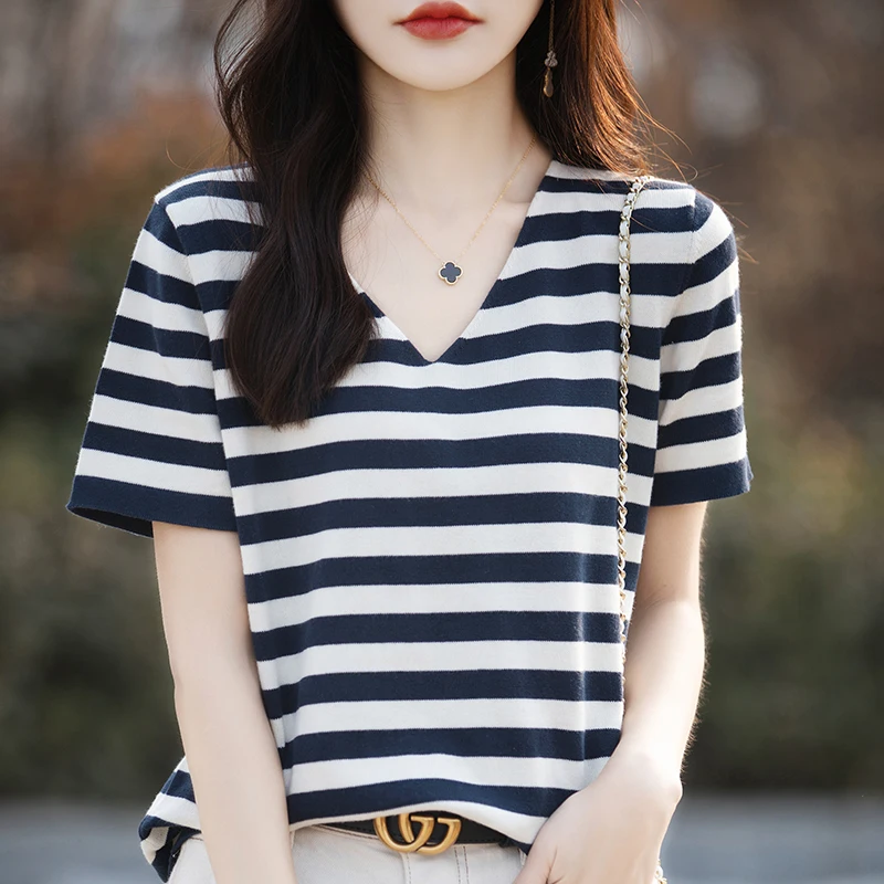 Summer 100% cotton knitted women's T-shirt casual knitted pullover color blocked short sleeved loose V-neck T-shirt pullover
