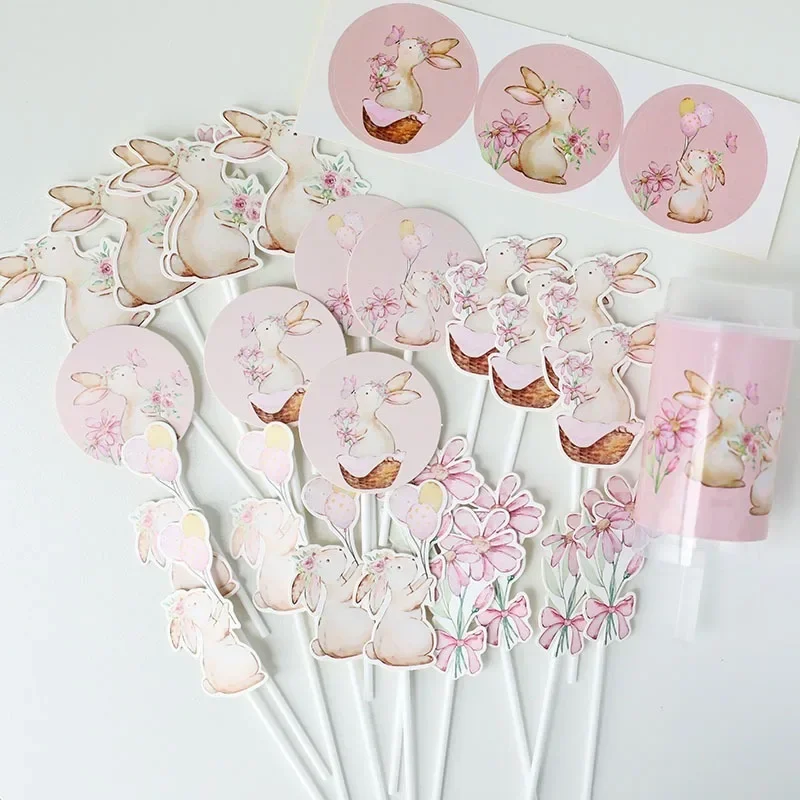 

Pink Hand-painted Rabbit Cake Decorations Easter Cupcake Toppers Kids One Year Old Birthday Decor Easter Party Bunny Cake Topper