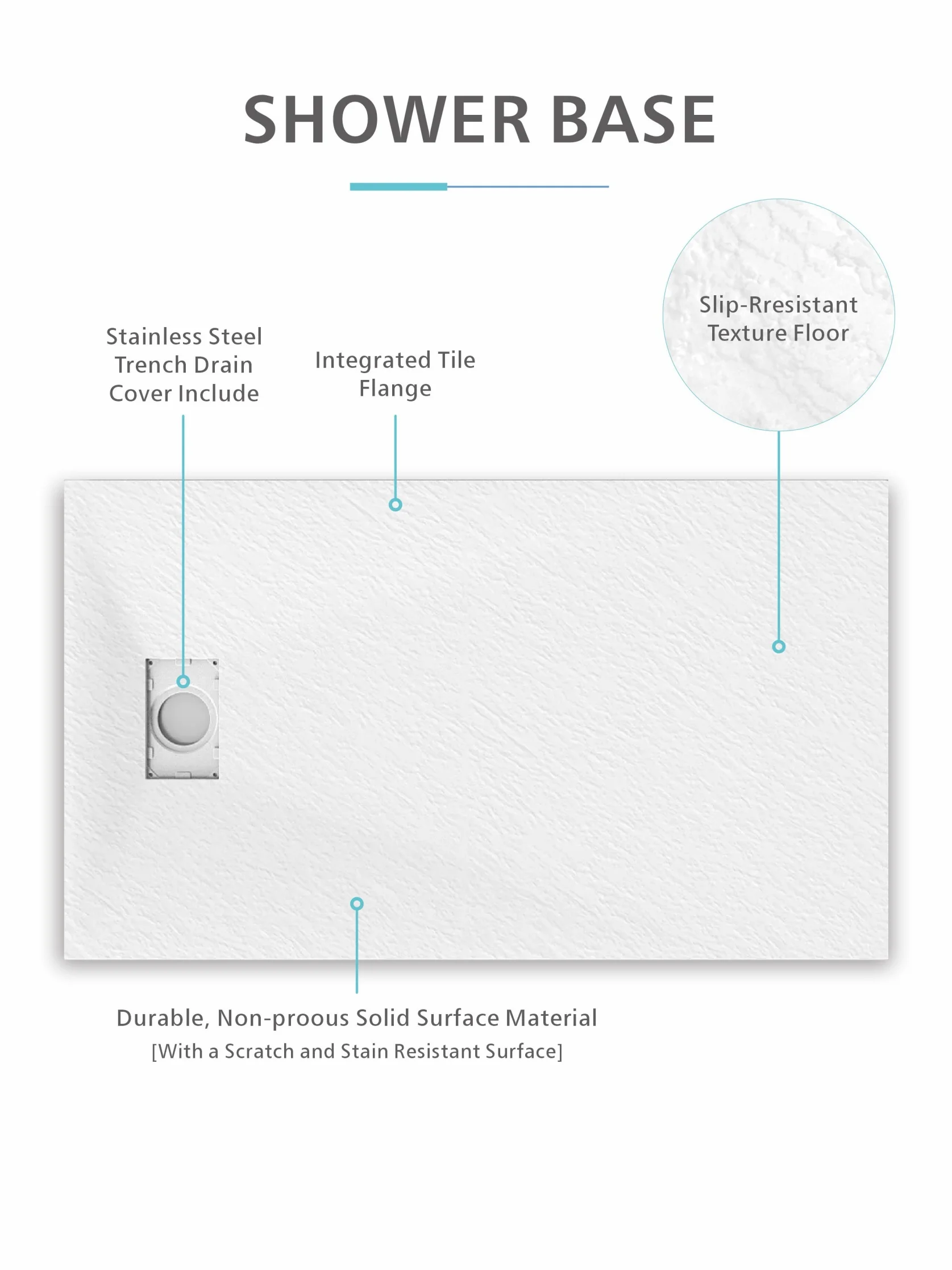 Bases with Center Drain for Hotel Bathroom Luxury Shower Tray Pan Cut-able Modern Square Design 38\