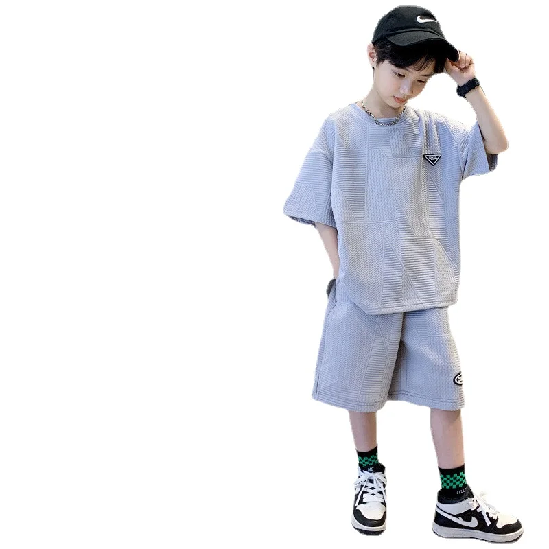 

3-10 Years Fashion Boys Clothing Sets New 2024 Summer Solid Color Shortsleeve Tee Tops Mid Shorts 2 Pcs Cool Suits