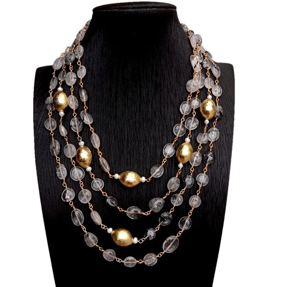 Y·YING 4 Strands Natural Rutilated Quartz Freeform Necklace Handmade Fashion Jewelry