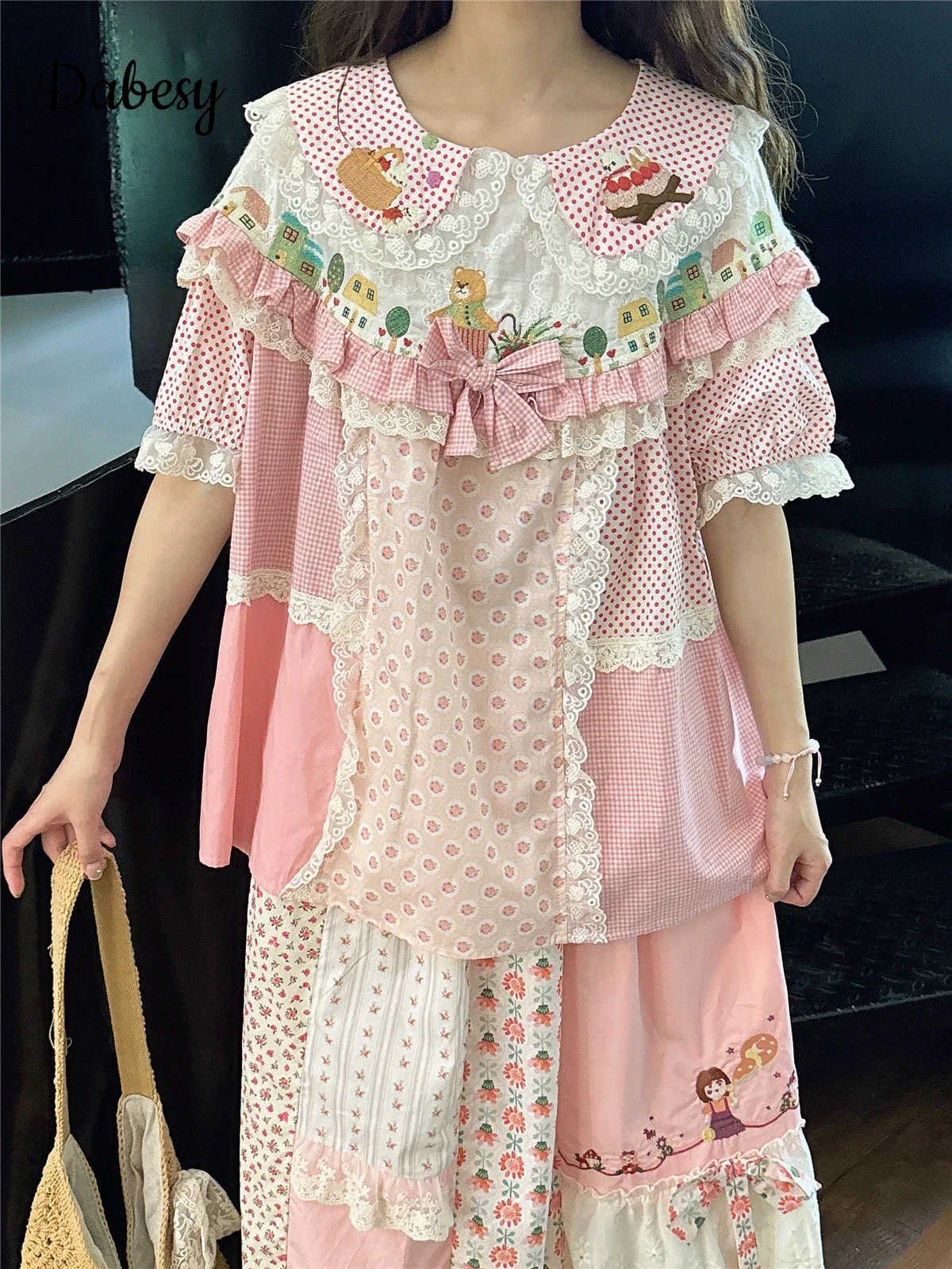 

Japanese Patchwork Lolita Blouses Women Vintage Lace Ruffled Peter Pan Collar Kawaii Shirt Sweet Mori Puff Sleeve Blusas Mujer