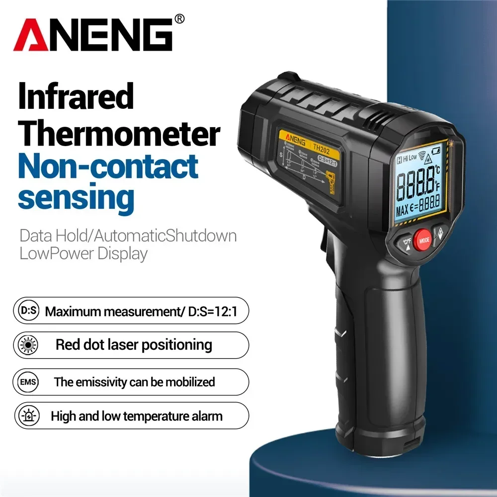 

ANENG TH202 Дисплей по Цельсию Цифровой инфракрасный термометр Высокочувствительный бесконтактный пистолет для измерения температуры Гигрометр