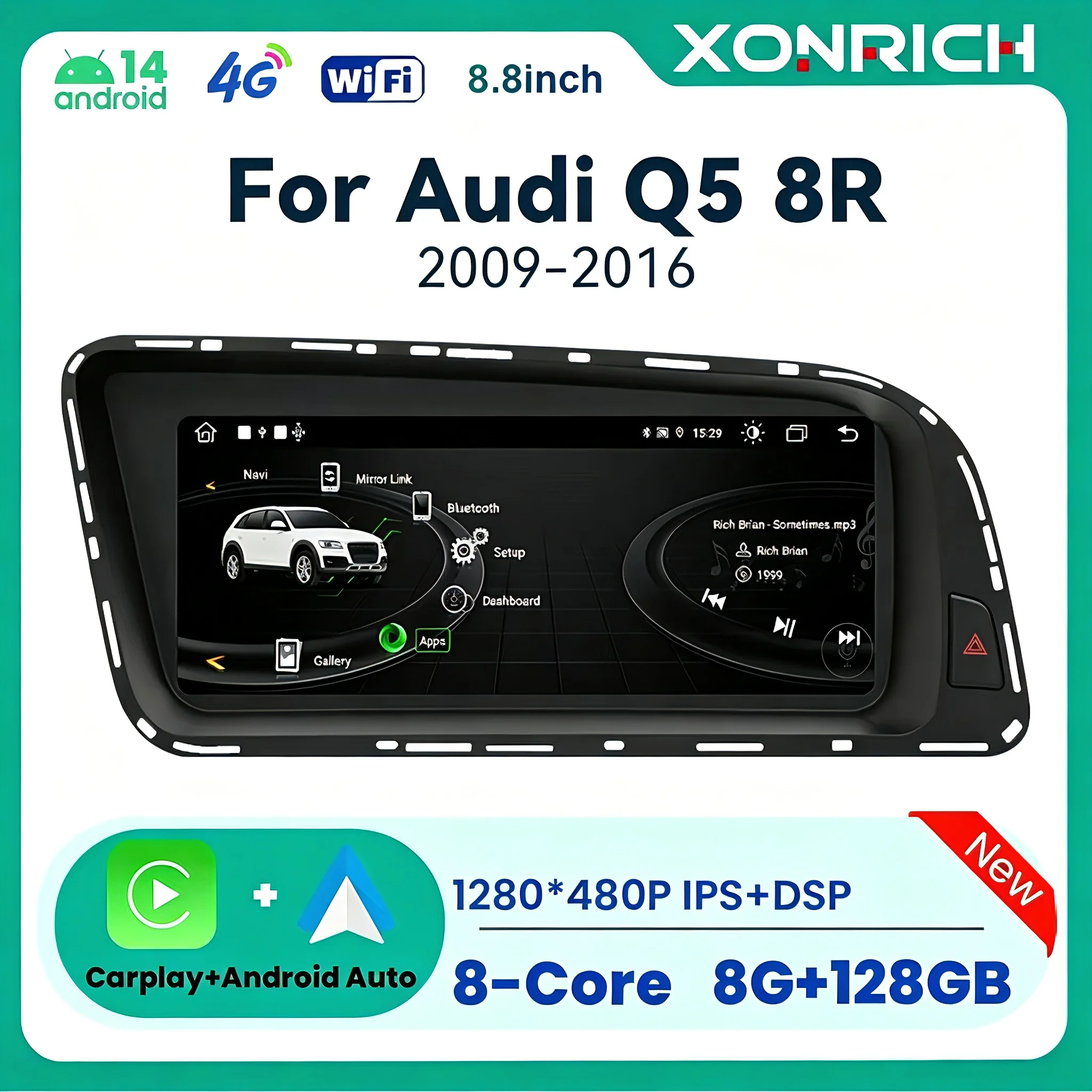 Lettore autoradio Carplay wireless da 8,8 pollici per Audi Q5 2009-2016 Android 14 Schermo IPS GPS 8Core 128GB Navi Multimedia 4G WIFI