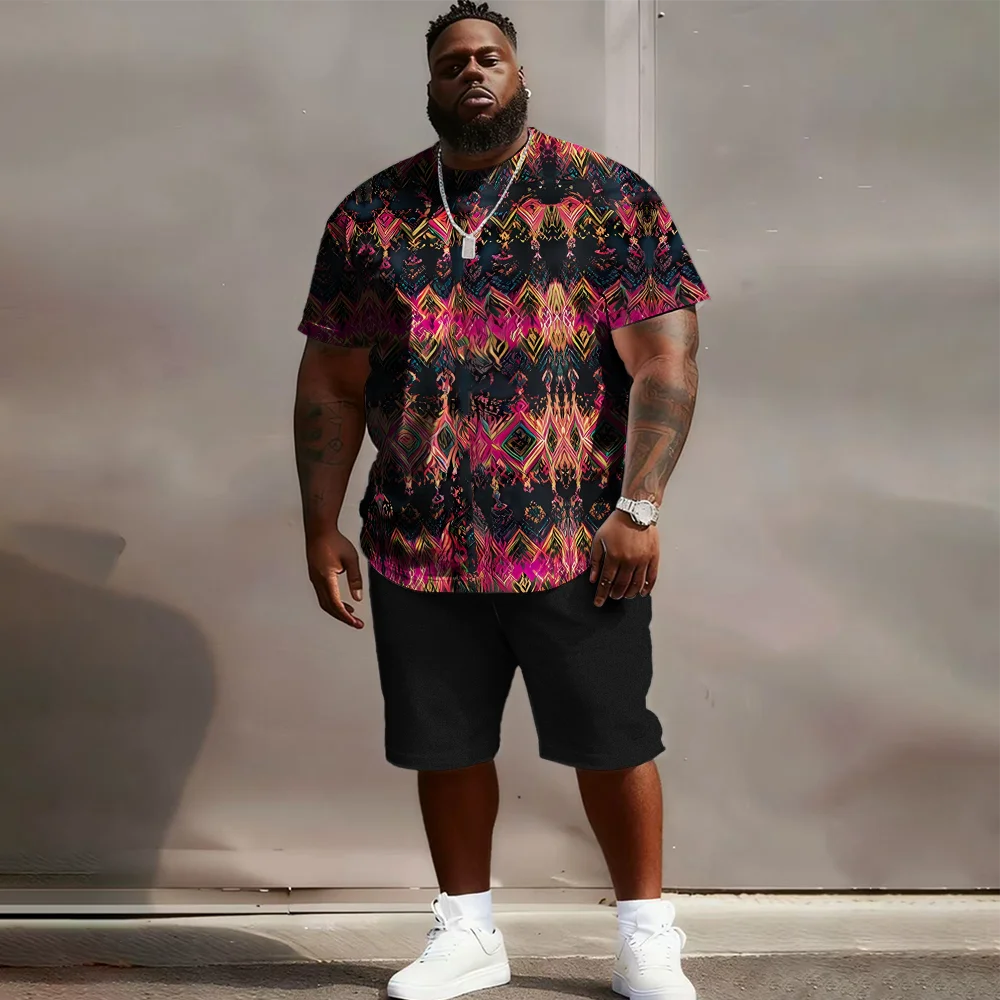 

Мужской комплект с короткими рукавами больших размеров S-9xl: этническая кромка — двухсекционный большой и высокий крой, мягкая ткань, гладкие принты племенного плетения