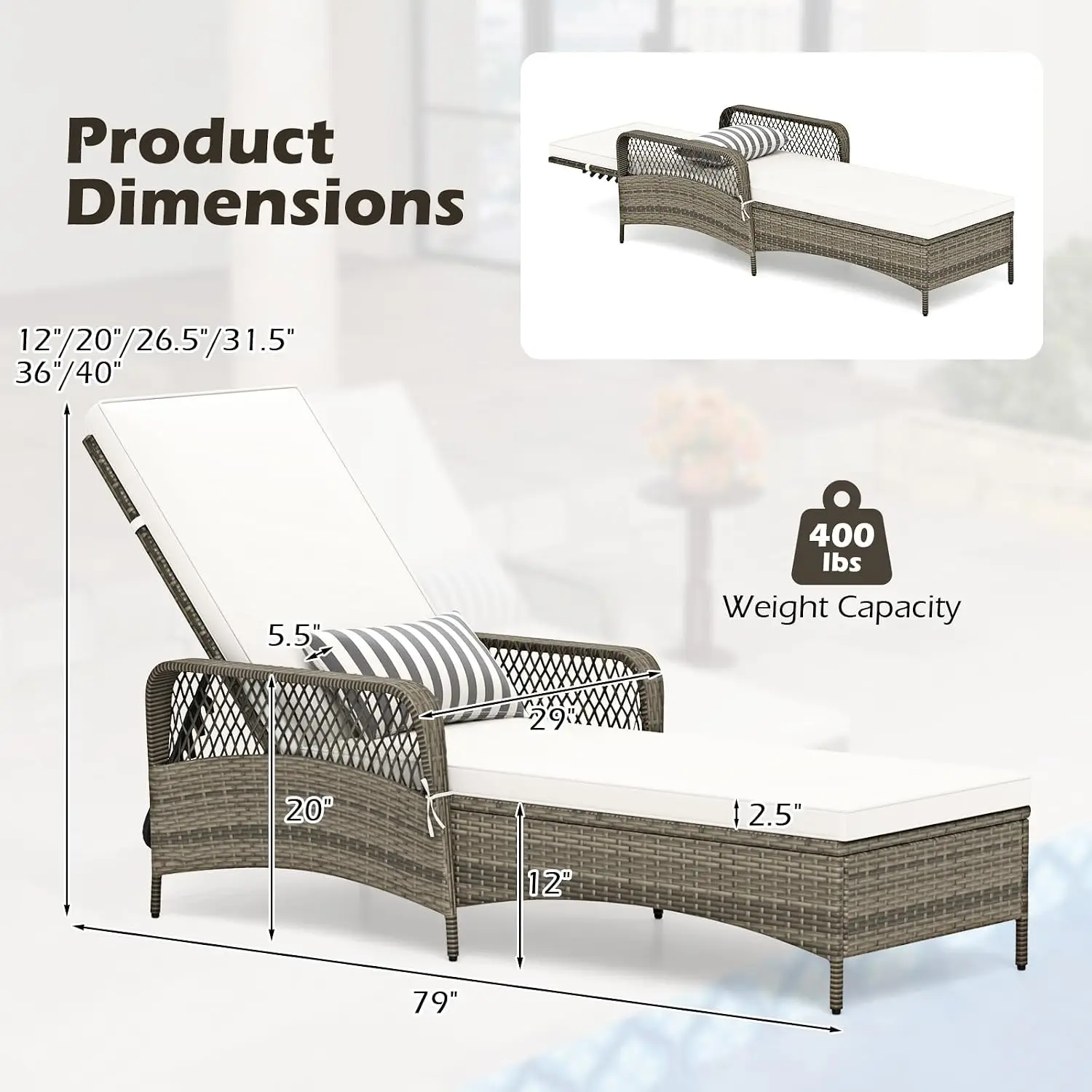 Wicker Chaise Lounge, 6-Position Adjustable Recliner with Cushions & Pillow, Patio Lounger for Poolside & Backyard, Customized