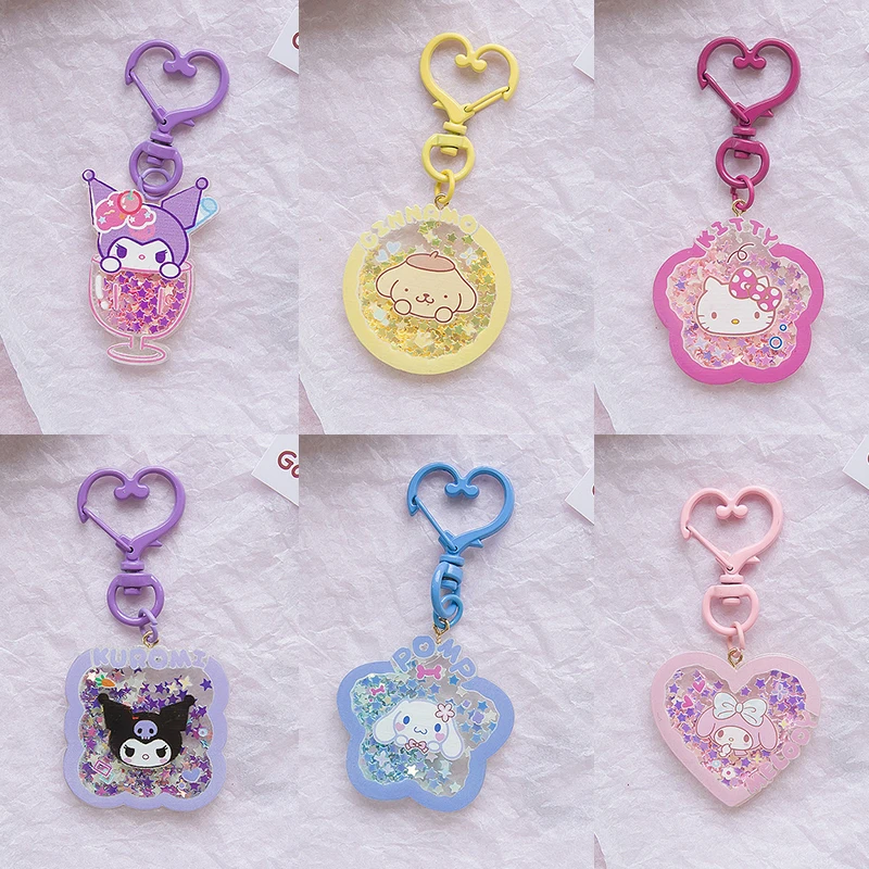 kawaii Sanrio Kuromi Hello Kitty Keychain Car Keyring Cute Cinnamoroll Quicksand Sequins Luminous Portable Pendant Accessories