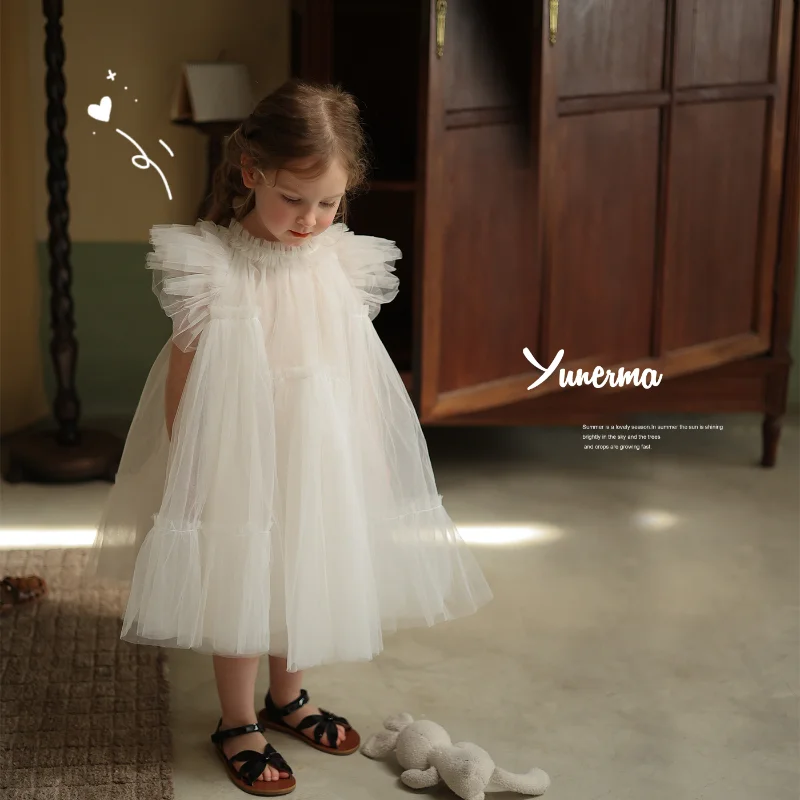 Girls Casual Dresses Manual Splicing Fluffy Yarn Princess Summer New Childrens Clothing Soild Round Collar Lace Sweet