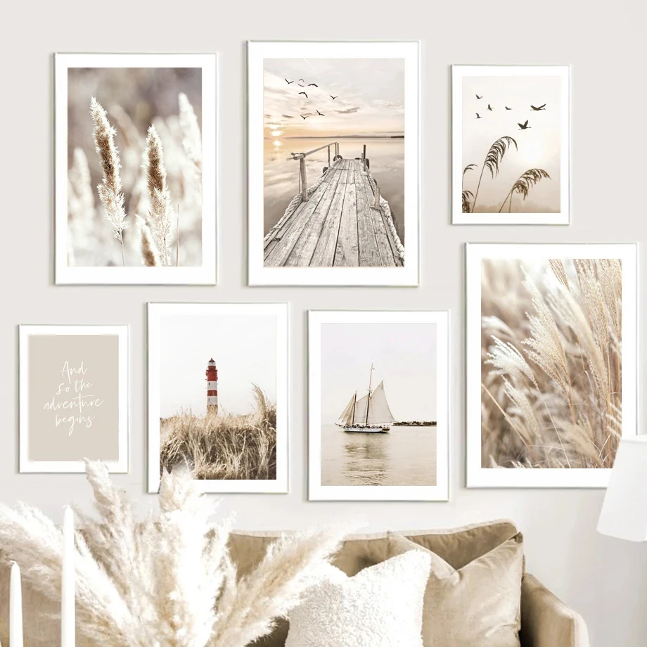 Art Pictures Canvas Painting Bohemia Beach Landscape Posters Prints Nordic Modern Home Decor Beige Flower Grass Scenery Wall