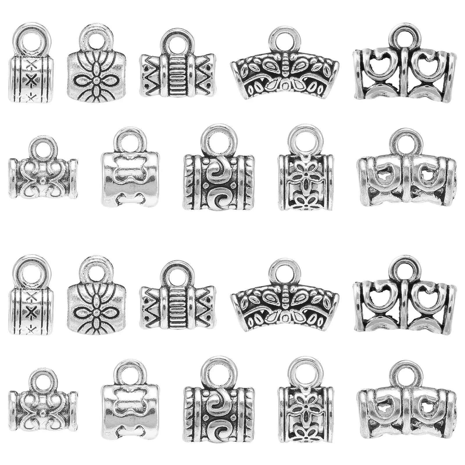 

100Pcs 10 Styles Tibetan Style Bails Beads Connector Antique Silver Bail Tube Hanger European Spacer Beads for Jewelry Making