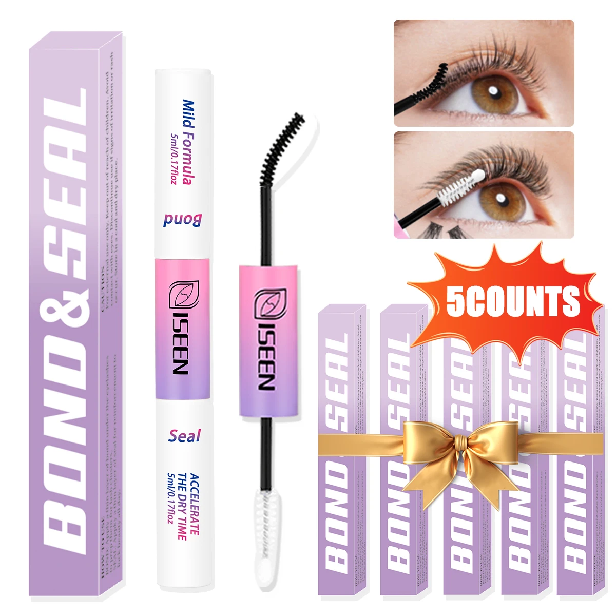 5 PCS Lash Glue Bond and Seal Long Lasting Strong Hold Waterproof 2 in 1 Cluster Eyelash Glue for DIY Lash Extensions