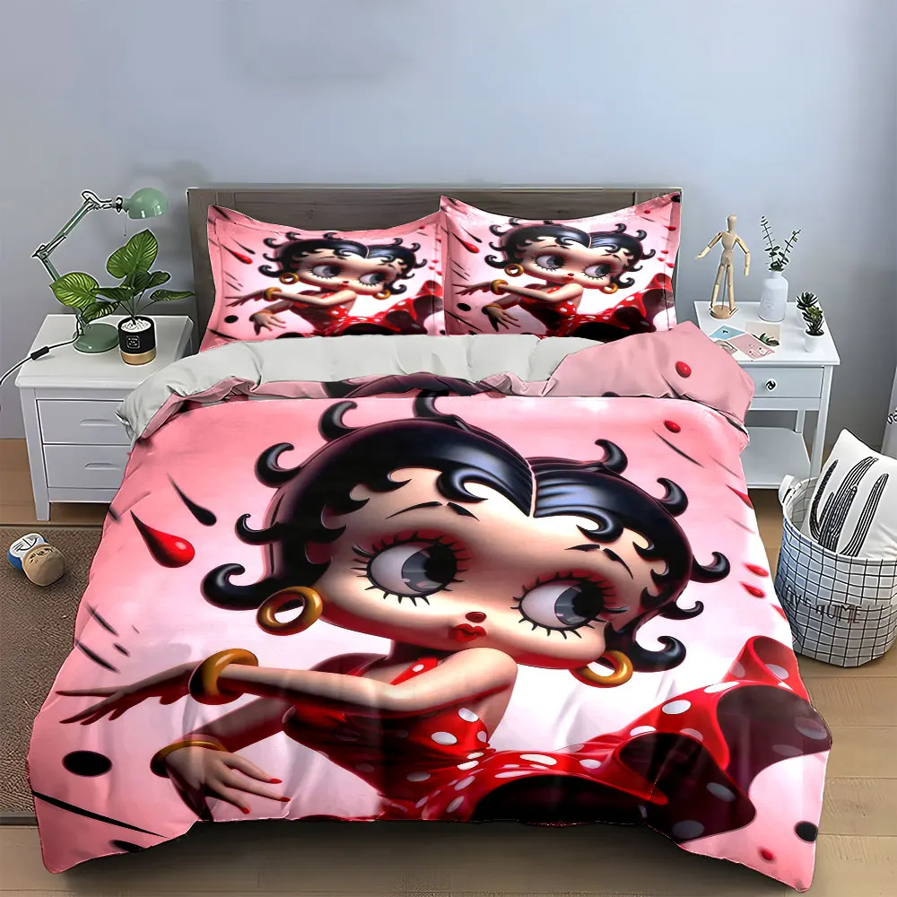 Vintage cartoon character Red Polka Dot Dress Duvet Cover Set,Retro Pinup Cartoon Bedding Includes 1 Duvet Cover 2 Pillowcase