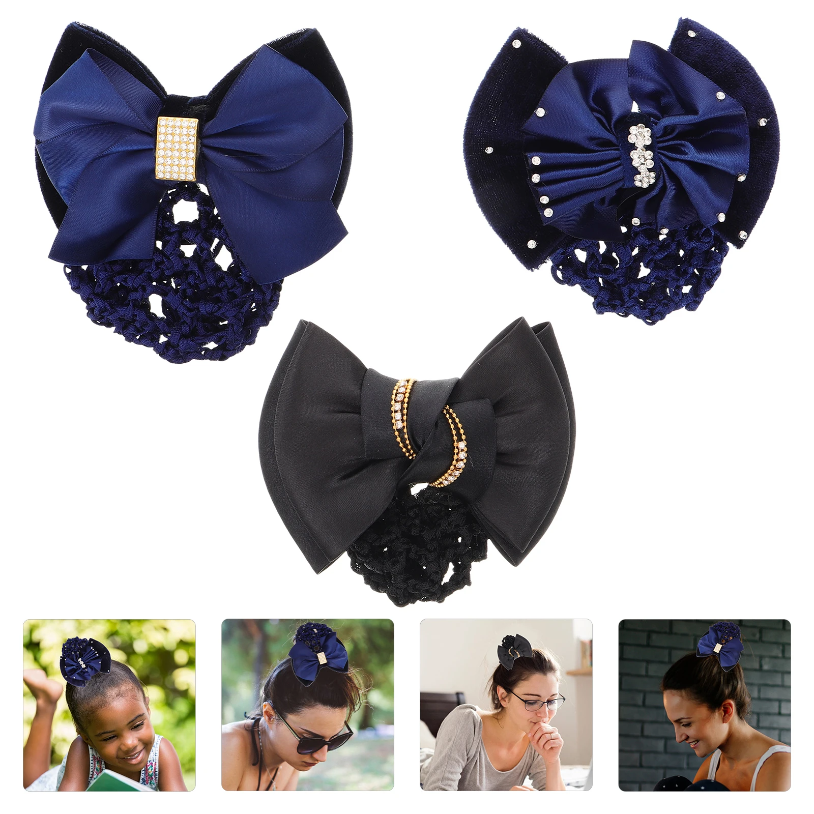 

3Pcs Hairnet Headwear Bun Covers Snood Women Lady Office Nurse Hotel Staff Hairstyle Bowknot Elastic Hairpin Cover Net Clip