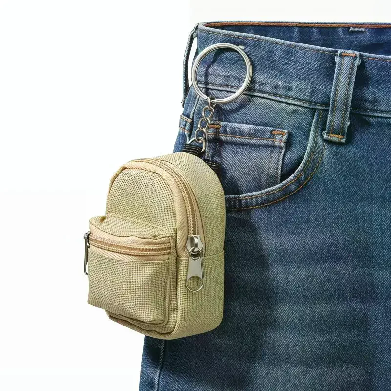 Portable Mini Canvas Backpack Coin Purse with Key Ring Dustproof Zipper Closure Small Storage Bag for Holiday Travel Use